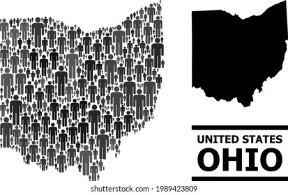 Map of Ohio State for demographics projects. Vector population abstraction. Collage map of Ohio State done of population elements. Demographic scheme in dark grey color hues.