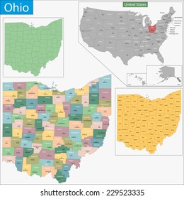 Map of Ohio state designed in illustration with the counties and the county seats