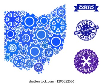 Map of Ohio State formed with blue wheel symbols, and isolated scratched seals for official repair services. Vector abstract mosaic of map of Ohio State with machinery symbols in blue shades.