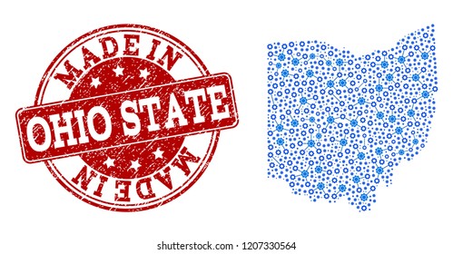 Map of Ohio State vector mosaic and Made In grunge stamp. Map of Ohio State composed with blue engine links. Made in red seal with scratched rubber texture.