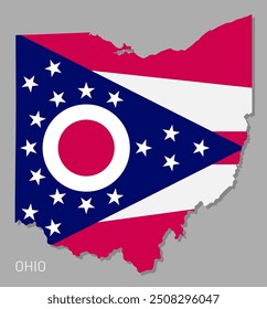 Mapa del estado federal de Ohio, Estados Unidos, con la bandera en su interior. Mapa altamente detallado de los límites del territorio del estado estadounidense de Ohio en colores de banderas nacionales y escudo de armas Ilustración vectorial realista