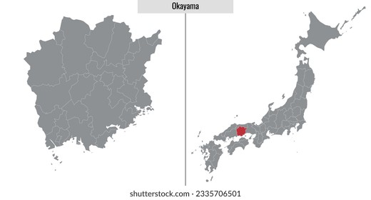 mapa de la prefectura japonesa de Okayama y ubicación en el mapa japonés