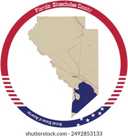 Mapa del Condado de Okeechobee en Florida, EE.UU. dispuesto en círculo.