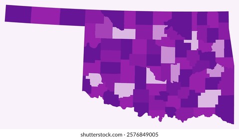 Map of Oklahoma with counties. Just a simple state border map with county division. Purple color palette. Plain State of Oklahoma shape with administrative division. Vector illustration.