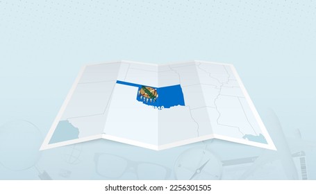 Map of Oklahoma with the flag of Oklahoma in the contour of the map on a trip abstract backdrop. Travel illustration.