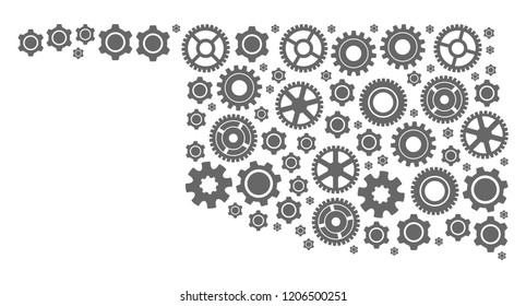 Map of Oklahoma State created with gray wheel symbols. Vector abstract collage of map of Oklahoma State with job symbols. Engineering flat design for technology illustrations.