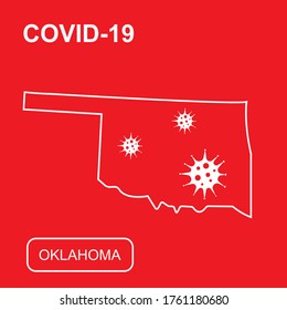 Map of Oklahoma State labeled "Epidemic and Quarantine." White outline map of Oklahoma State on a red background. Vector illustration of a virus, coronavirus, epidemiology.