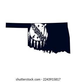 Map of the Oklahoma state with the official flag in white and black colors isolated on white background. Vector illustration