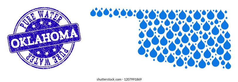 Map of Oklahoma State vector mosaic and Pure Water grunge stamp. Map of Oklahoma State formed with blue water raindrops. Seal with scratched rubber texture for pure drinking water.