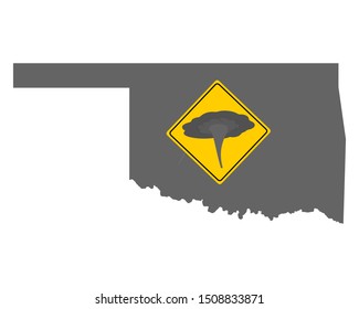 Map of Oklahoma and traffic sign tornado warning