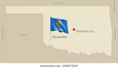 Map of Oklahoma USA federal state with waving flag. Highly detailed editable map of Ohio state with territory borders, neighboring states and Oklahoma City capital vector illustration