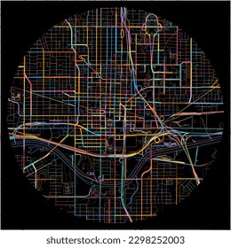 Map of OklahomaCity, Oklahoma with all major and minor roads, railways and waterways. Colorful line art on black background.