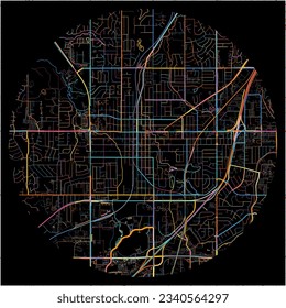 Map of Olathe, Kansas with all major and minor roads, railways and waterways. Colorful line art on black background.