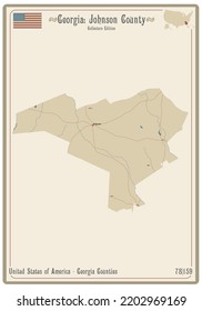 Map of an old playing card of Johnson county in Georgia, USA.
