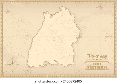 Map of Baden-Württemberg in the old style, brown graphics in retro fantasy style. Federative units of Germany.