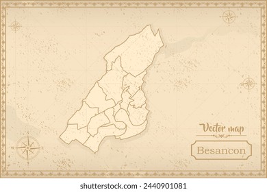 Map of Besançon in the old style, brown graphics in retro fantasy style. city in France.