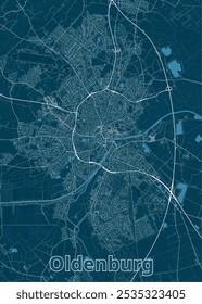 Mapa de Oldenburg, Alemania, en un estilo minimalista. El mapa presenta un fondo azul profundo con líneas blancas que representan calles, carreteras y vías fluviales.