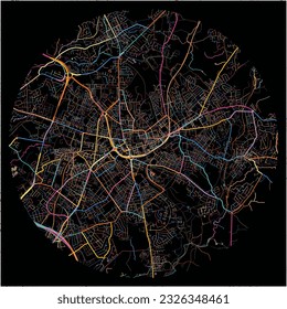 Map of Oldham, North West England with all major and minor roads, railways and waterways. Colorful line art on black background.
