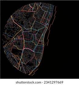 Map of Olinda with all major and minor roads, railways and waterways. Colorful line art on black background.