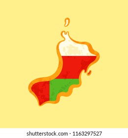 Map of Oman colored with Omani flag and marked with golden line in grunge vintage style.