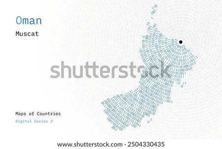A map of Oman depicted in zeros and ones in the form of a circle. The capital, Muscat, is shown in the center of the circle	
