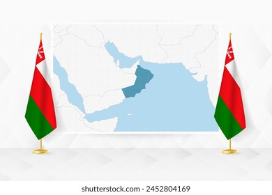 Map of Oman and flags of Oman on flag stand. Vector illustration for diplomacy meeting.