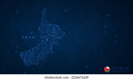 Map of Oman modern design with polygonal shapes on dark blue background. Business wireframe mesh spheres from flying debris. Blue structure style vector illustration concept.