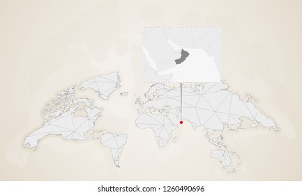 Map of Oman with neighbor countries pinned on world map. Abstract triangles World Map.