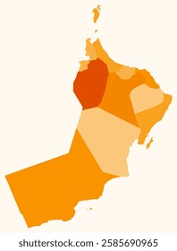 Map of Oman with regions. Just a simple country border map with region division. Orange color palette. Blank Oman shape with administrative division. Vector illustration.