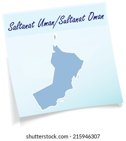 Map of Oman as sticky note in blue