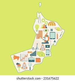 Map of Oman with technology icons. Contour map of Oman with icons of technology, business, science, communication