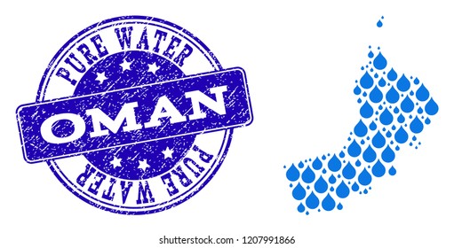 Map of Oman vector mosaic and Pure Water grunge stamp. Map of Oman designed with blue aqua drops. Seal with scratched rubber texture for natural drinking water.