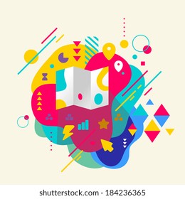 Map on abstract colorful spotted background with different elements. Flat design.