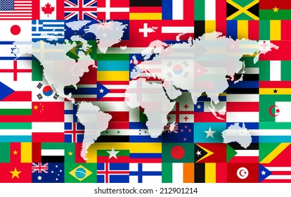 Map on a background of flags. Vector.