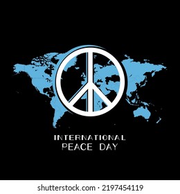A map on a black background and a peace sign. International Day of Peace.