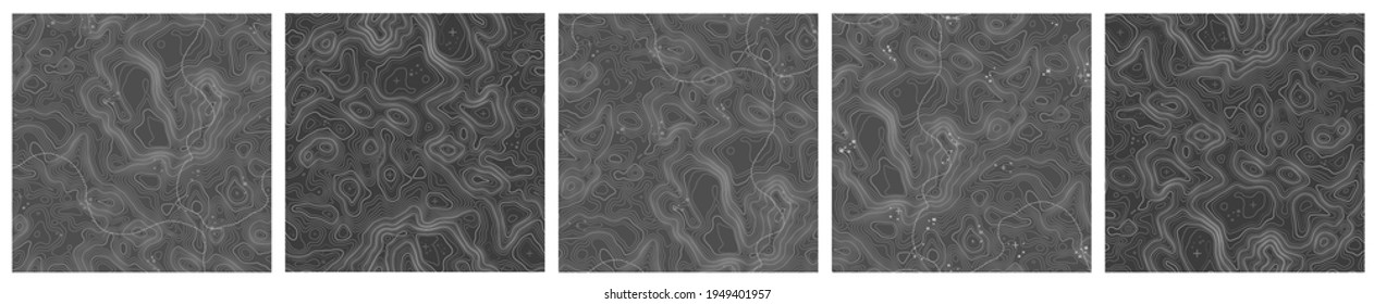Map on land vector terrain. Geographic mountain topography vector illustration. Topographic pattern texture. Elevation graphic contour height lines. Vector Set.