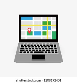 Map on a laptop. Navigation. Geo. Search for a place. Vector illustration. Flat design of business financial marketing banking for advertising web concept cartoon illustration.