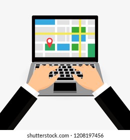 A map on a laptop. A person is looking for. Hands on the keyboard. Navigation. Geo. Search for a place. Vector illustration. Flat design of business financial marketing banking for advertising web con