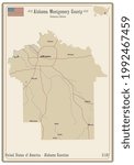 Map on an old playing card of Montgomery county in Alabama, USA.