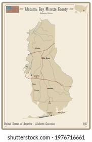 Map on an old playing card of Bay Minette county in Alabama, USA.