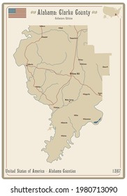 Map on an old playing card of Clarke county in Alabama, USA.