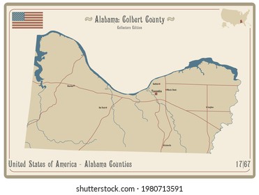 Map on an old playing card of Colbert county in Alabama, USA.