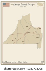 Map on an old playing card of Conecuh county in Alabama, USA.