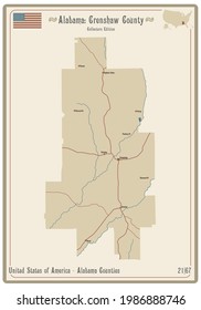 Map on an old playing card of Crenshaw county in Alabama, USA.