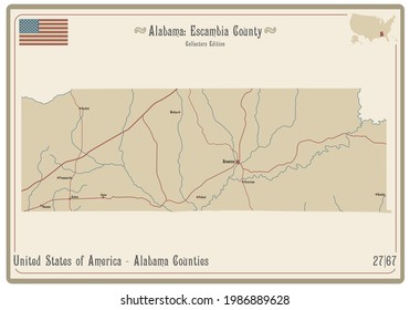 Map on an old playing card of Escambia county in Alabama, USA.