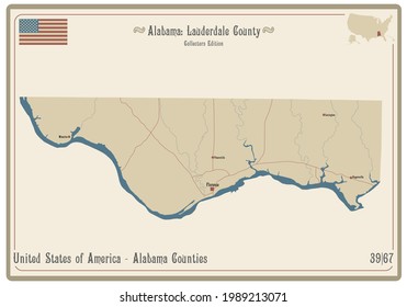 Map on an old playing card of Lauderdale county in Alabama, USA.