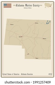 Map on an old playing card of Marion county in Alabama, USA.