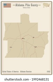 Map on an old playing card of Pike county in Alabama, USA.