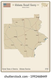 Mapa de una vieja carta de juego del condado Russell en Alabama, EEUU.