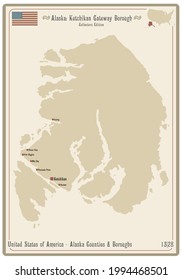 Map on an old playing card of Ketchikan Gateway borough in Alaska, USA.